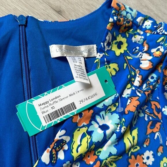 Maggy London V-Neck Zuma Ruffle Sleeve Midi Dress Blue Multi Sz10 Stitch Fix NWT - Picture 5 of 5